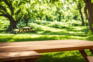 Naklejka premium Nature background and table wood for product display template, Empty wooden table and sack tablecloth over blur green tree at park, garden outdoor with bokeh light background 