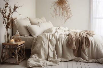 unmade, then perfectly made neutral-toned bed linens