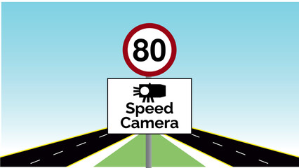 A sign indicating that speed cameras are in use on the road ahead, alongside a clear 80 Kilometers per hour speed limit sign. vector illustration