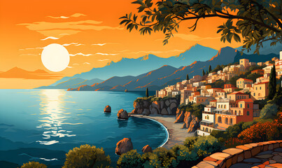 Amalfi coast scenery Italy in Illustration style,  presentation pictures, Illustration, Generative AI