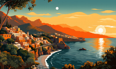Amalfi coast scenery Italy in Illustration style,  presentation pictures, Illustration, Generative AI - obrazy, fototapety, plakaty