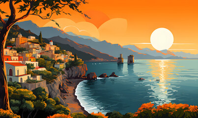Amalfi coast scenery Italy in Illustration style,  presentation pictures, Illustration, Generative AI - obrazy, fototapety, plakaty