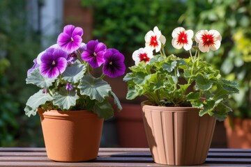 two potted flowers of the same type, one larger than the other