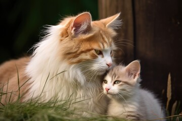 Obraz premium an older cat grooming a younger kitten