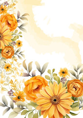 Yellow and white watercolor hand painted background template for Invitation with flora and flower