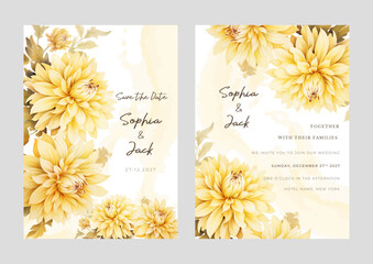 Yellow dahlia set of wedding invitation template with shapes and flower floral border