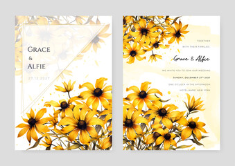 Yellow and brown sunflower artistic wedding invitation card template set with flower decorations
