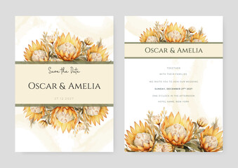 Yellow king protea elegant wedding invitation card template with watercolor floral and leaves