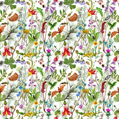 Seamless pattern with watercolor wild flowers. Hand-drawn illustration. - 660823833