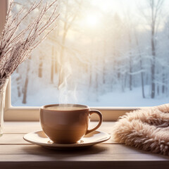 冬の寒い日に雪景色を眺めるコーヒーブレイク - obrazy, fototapety, plakaty