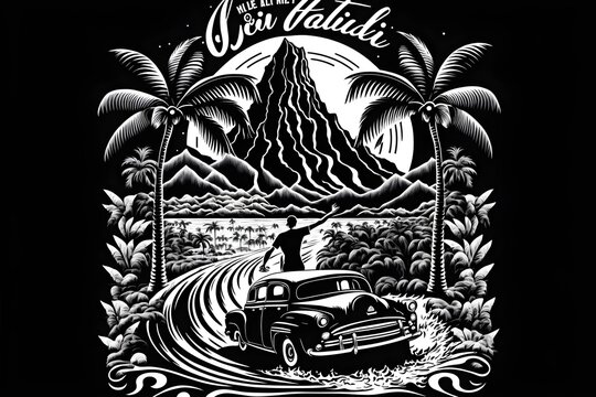 recommend clip art: 60s retro art tshirt graphic advertising style only black and white white on black line art surfer wave no surfer only the wave with vulcano island in the background tiki figure on the island 