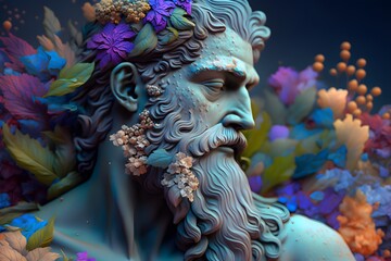 Obraz na płótnie Canvas a beautiful abstract plaster portrait close up sculpture of mythological zeus surrounded by tiny colorful flowers and millions of little plants 8k surreal art 