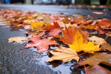 wet fallen leaves on the pavement after rain