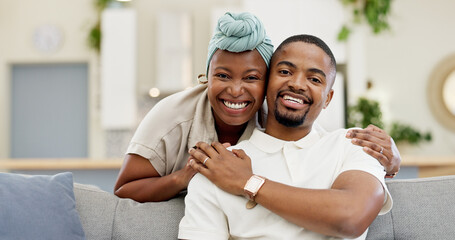 Black couple, smile and portrait in a house feeling happy in a living room on a couch. Face,...