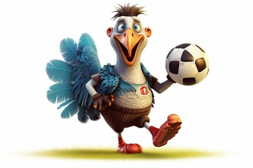 Cartoon soccer themed image with a turkey playing football. Generative AI