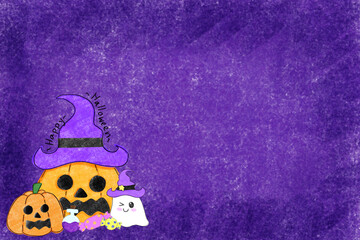 Halloween concept. Ghost,orange pumpkin and candy on purple background
