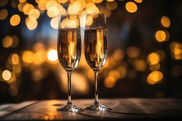 Two glasses with champagne on a wooden table against bokeh background - obrazy, fototapety, plakaty