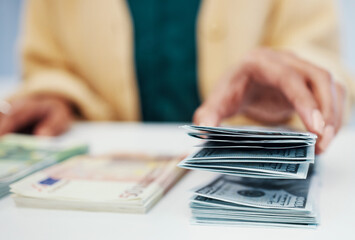 Hands, finance and a business person counting cash closeup in the office of a bank for accounting. Money, budget and economy with a financial advisor closeup in the workplace for investment growth - obrazy, fototapety, plakaty