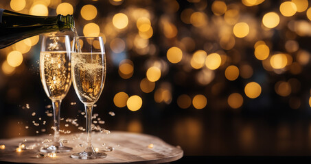 Two glasses with champagne on a wooden table against bokeh background.
