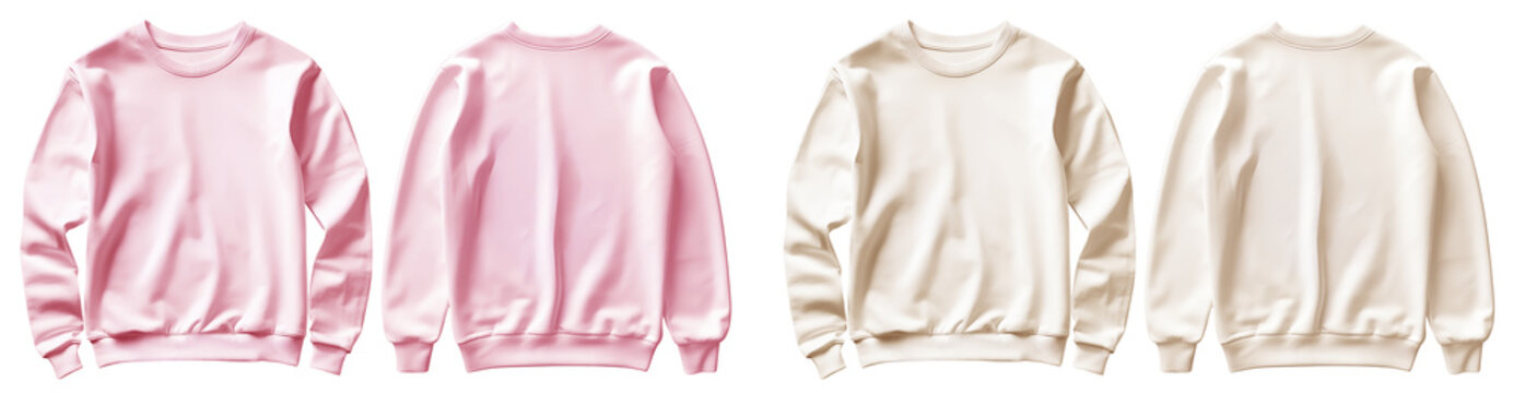 2 Set of pastel light pink beige front and back view tee sweatshirt sweater long sleeve on transparent background cutout, PNG file. Mockup template for artwork graphic design	
