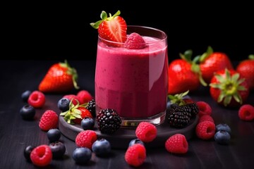 berry smoothie with fresh berries around