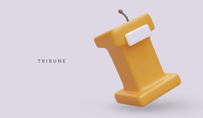 3d realistic tribune in cartoon style. Speaker lectern with microphone. Conference stage, press or debate speaker. Vector illustration with place for text and purple background