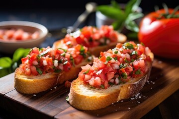 garlic-encrusted bruschetta held with silver tongs, clean surface