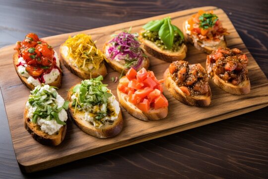 image of a horizontal array of different types of goat cheese bruschetta