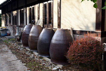 Large brown ceramic barrels, used for indigo dyeing, stand in a row in Japan, their smooth surface...