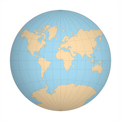 Simplified Map of World in the circle focused on Europe and Africa. Latitude and longitude grid. Van der Grinten projection. Thin black line wireframe vector illustration