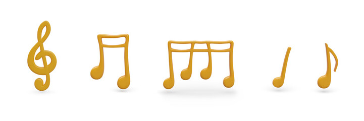 Realistic treble clef and different gold notes on white background. Yellow beautiful musical symbols. Music concept. Vector illustration in 3d style in yellow colors
