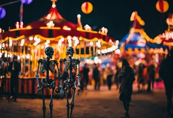 Tuinposter AI generated illustration of two skeleton figurines standing in an amusement park at night © Wirestock