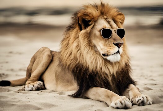 AI generated illustration of a majestic African lion wearing glasses lounging on a sandy beach