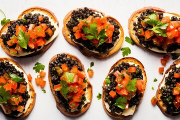 top-down view of an array of black caviar bruschetta
