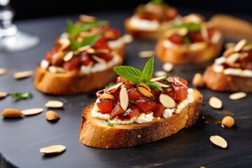 Fototapeta na wymiar bruschetta with ricotta topped with sliced almonds on a granite counter