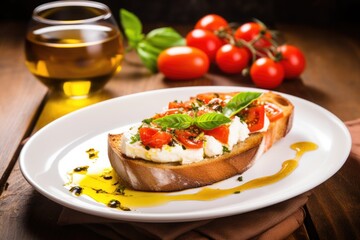 Fototapeta na wymiar bruschetta with ricotta served with a side dish of olive oil