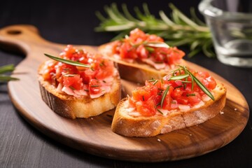 two bruschetta pieces on a stone board surrounded by rosemary sprigs - obrazy, fototapety, plakaty