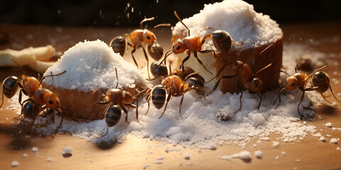 Group of ants eating discarded food - obrazy, fototapety, plakaty