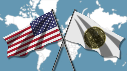 The American flag and the Bitcoin flag, with the blurred world map in the background