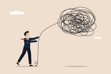 Leadership to handle business problems, crisis management concept, smart businessman calmly controls and solves chaos problems. Illustration of a successful businessman.