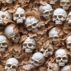 seamless pattern of skull sculpture. skull on autumn leaves. halloween concept. spooky and scary