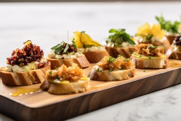 array of bruschettas with pear topping in a row