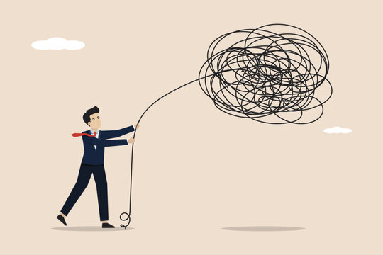 Leadership to handle business problems, crisis management concept, smart businessman calmly controls and solves chaos problems. Illustration of a successful businessman.