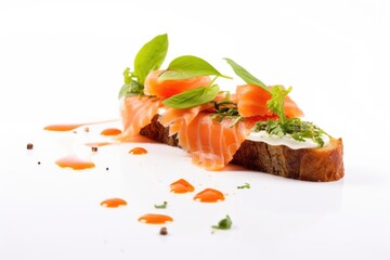 minimalist shot of bruschetta with smoked salmon on white