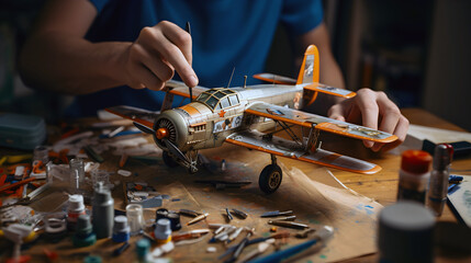 Close-up of boy meticulously working on assembling and decorating a WW1 model aeroplane - obrazy, fototapety, plakaty