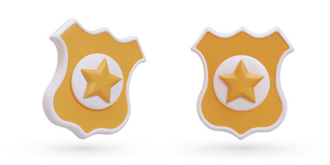 Police badge. Realistic chevron with star. Yellow uniform patch. Vector set of objects in different positions. Symbol of legal representative. Isolated image with shadows