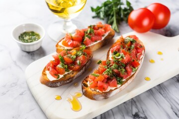 bruschetta with lemon zest, olive oil drizzle, on a marble slab