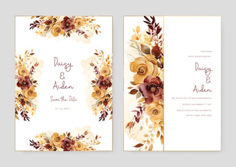 Red and orange rose artistic wedding invitation card template set with flower decorations