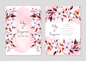 Red and purple violet sakura set of wedding invitation template with shapes and flower floral border