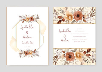 Brown and beige poppy beautiful wedding invitation card template set with flowers and floral